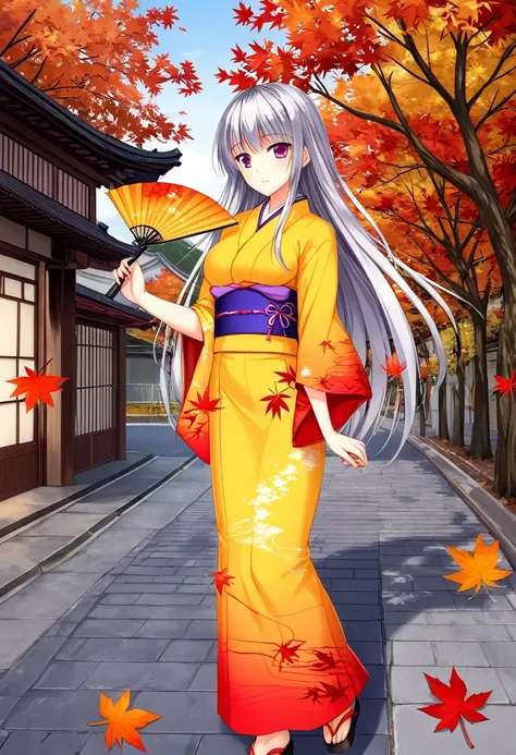 A girl in a vibrant Japanese dress, silver hair, long hair, Japanese umbrella, autumn leaves, tree-lined street, fallen leaves