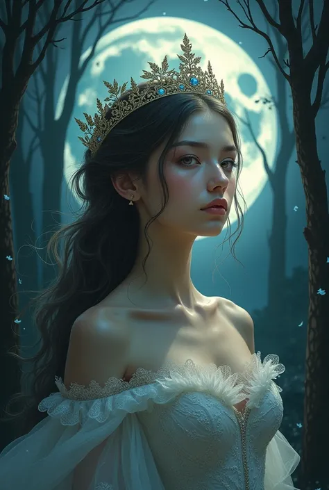 A captivating illustration of a young, beautiful woman with a mysterious and enchanting aura, revealing a hidden beastly side. She is adorned with a delicate crown and wears an elegant gown, while her beastly features are subtly visible beneath her human f...