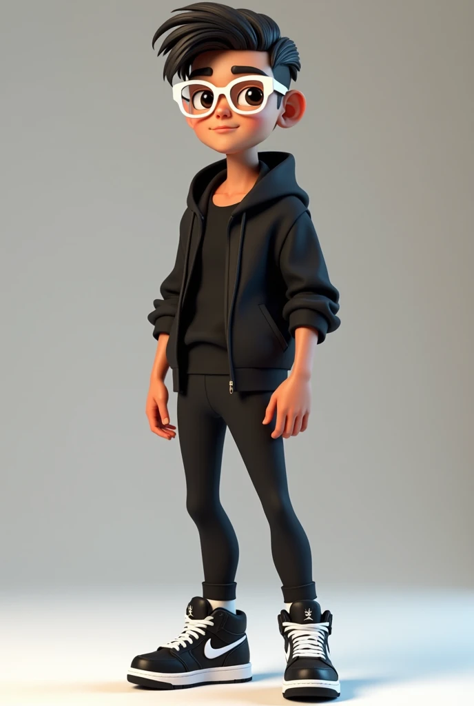 Un adolecente in 3d animation wearing a black outfit and a white glasses and a black Jordan retro 4 With an American cut 