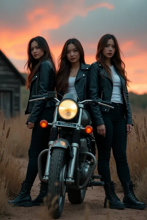 cinematic a 3 Asian woman, long brown hair, wearing a black leather jacket, white t-shirt, black pants, boots, standing leaning against a trail motorbike, the background is dry land, dry weeds, an old house made of wood, a beautiful twilight sky