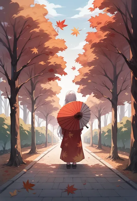 A girl in a vibrant Japanese dress, silver hair, long hair, Japanese umbrella, autumn leaves, tree-lined street, fallen leaves