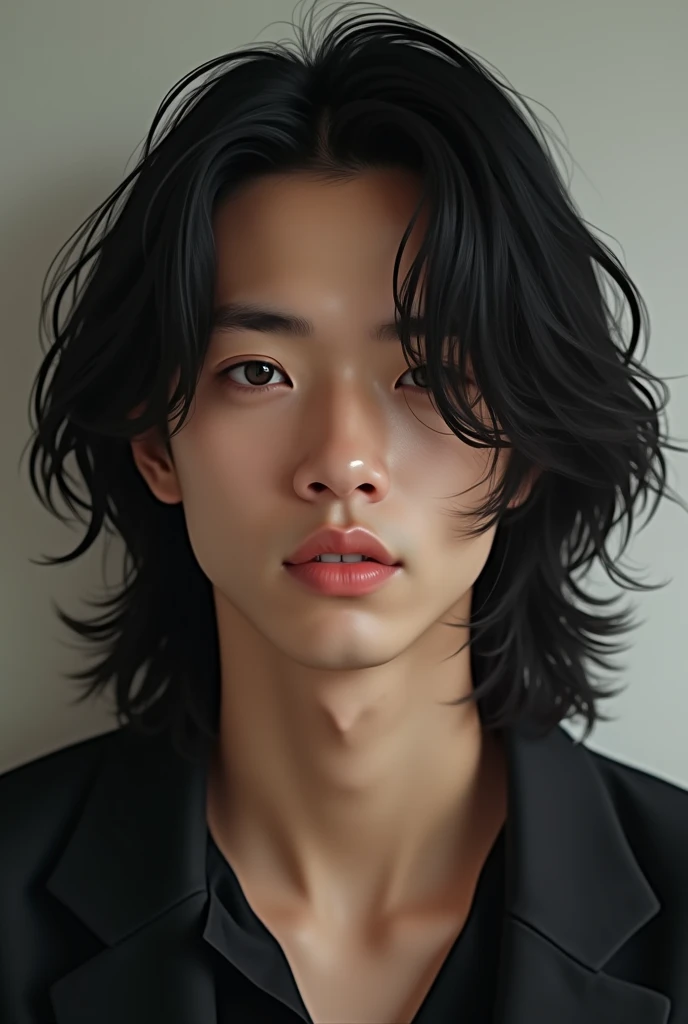 A mixed race Japanese and White man with long hair, dark eyes, soft lips, and long lashes.
