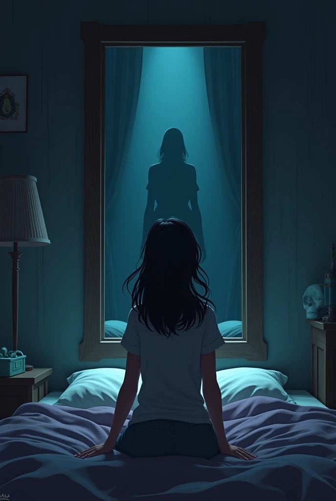 Create a scene where Emily is sitting up in bed, wide-eyed with fear. In the mirror’s reflection, a tall, shadowy figure stands at the foot of her bed. The figure is indistinct, made of darkness, with no clear features. The room feels suffocating, with an ...