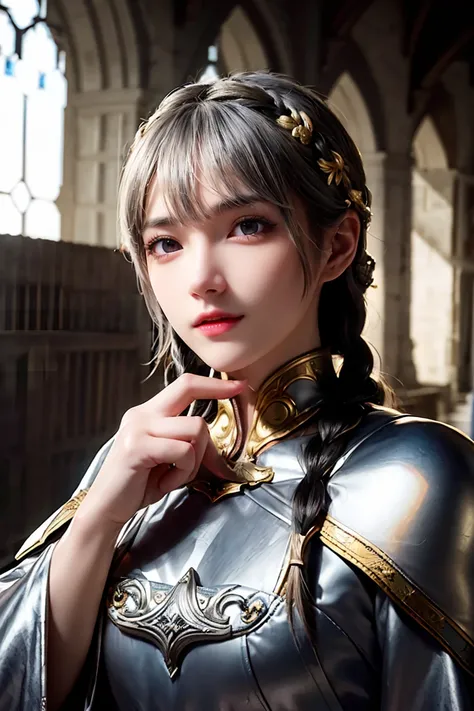 Highest quality, masterpiece,Gray Hair, Golden Eyes,knight, look up, Upper Body,hair,Fair skin,Side braid、knight、Inside the medieval castle