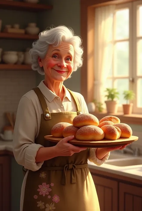 Cute grandmother with a tray of bread in her hand