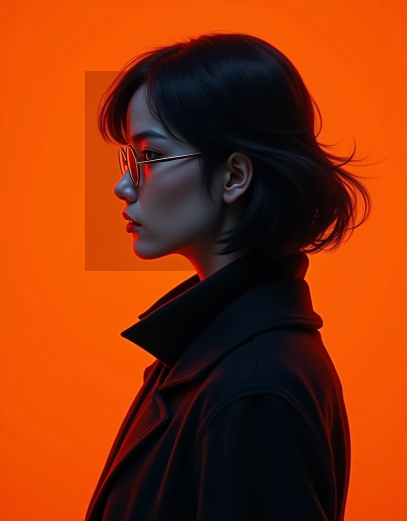 
“A side-view portrait of a person with dark hair, wearing glasses and a high-collared coat. The background is a vibrant orange, contrasting with the dark tones of the hair and clothing. The face and head area are partially obscured by a blurred rectangula...