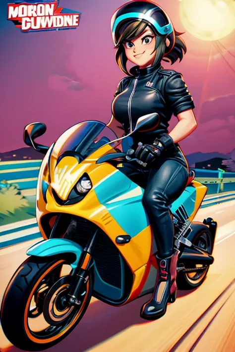 cartoon woman sitting on a motorcycle with a helmet on the back, picture of a female motorcyclist, in cartoon style, cartoon sty...