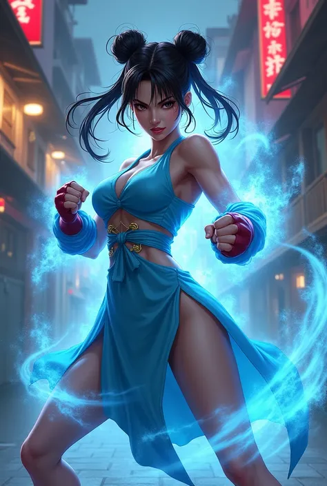 Digital art with soft colored strokes and oil shading. Chun-Li, a Chinese female fighter, 2, athletic and muscular body, long sky blue dress with two high side slits, fighting shoes, aura of bright blue energy pulsating around her, fierce and defiant facia...