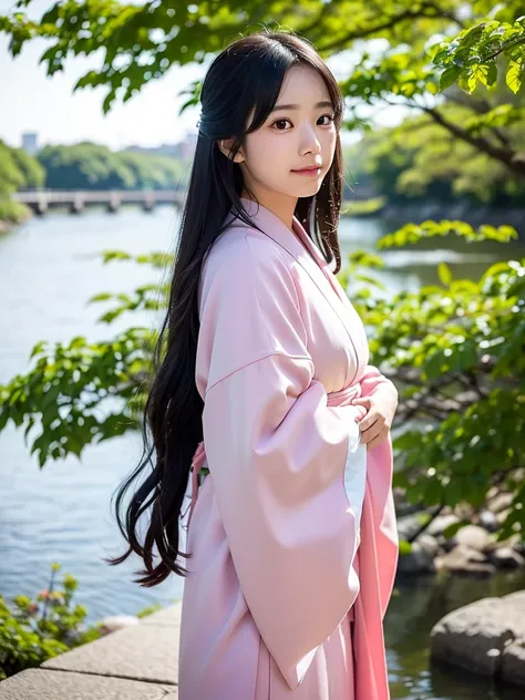 1girl, upper body,
Yuki, a young Japanese girl in a light pink kimono, strolls along the Sendai River. Her long black hair blows gently in the wind as the soft sunlight reflects off the green leaves. She pauses to look at her reflection through her clear t...