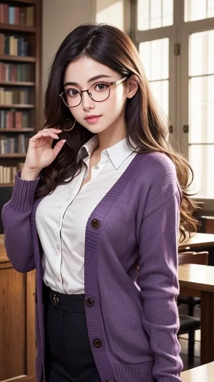 Wear a cardigan、Wearing glasses，library，librarian、One person、Gold frame round glasses, Wavy Hair、Very cute face、Long Hair、Beautiful detailed dark brown hair、Soft Light,Sparkling eyes，((Violet eyes))、Captivating beauty、Attractive adult woman、Beautiful woman...