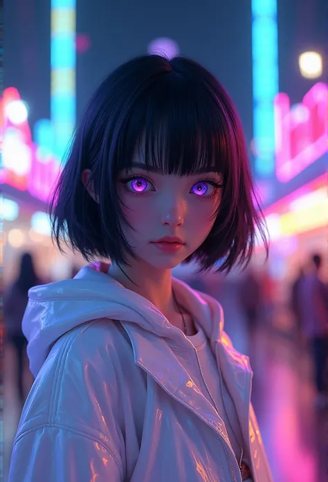 Young adult girl with black layered hair, straight front bangs, purple right eye and pink left eye, white holographic Jacket with hood, Night background with neon lights in amusement park, different expressions ,Facial expression