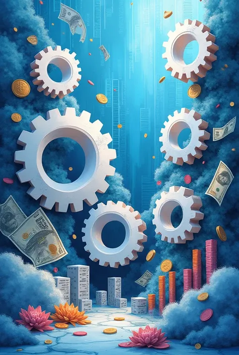 Create a three-dimensional gear Circles and squares, currency, coins, banknotes, graphs, car parts, watercolor and mixed media, bright colors, light source in the upper right corner. There are large white gears. The background is blue. --ar 2:3