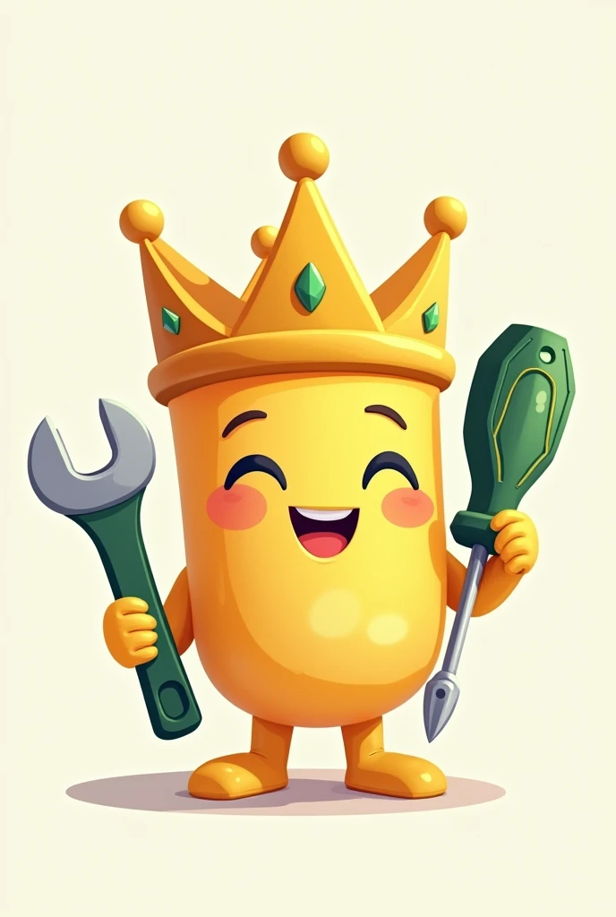 Design a mascot for a company called Rei dos Consertos, which specializes in residential and commercial maintenance services. The mascot should be a three-pointed crown, with a friendly and childlike expression. The crown itself should be golden and should...