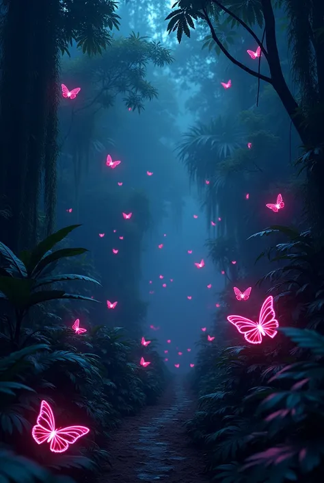 dark jungle with neon butterflies, 32k resolution, best quality, flat colors, flat lights, stunning, ultra hd