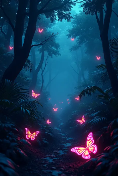 dark jungle with neon butterflies, 32k resolution, best quality, flat colors, flat lights, stunning, ultra hd