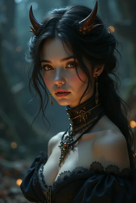 A captivating portrait of a young, beautiful woman with a hint of a beastly presence within her. She has enchanting eyes and luscious locks of dark hair that flow down to her waist. Her outfit is a mix of elegant Victorian-style dress with a touch of beast...