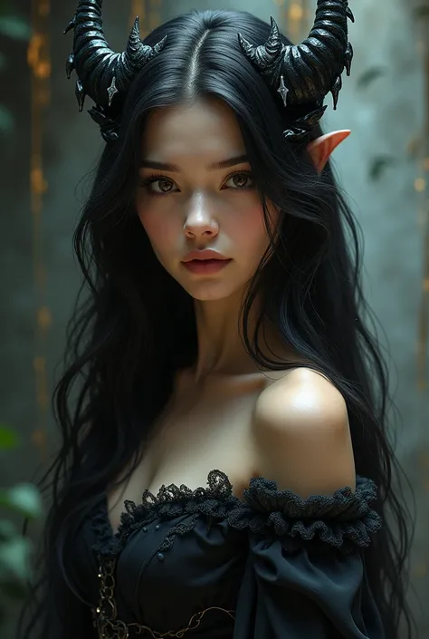 A captivating portrait of a young, beautiful woman with a hint of a beastly presence within her. She has enchanting eyes and luscious locks of dark hair that flow down to her waist. Her outfit is a mix of elegant Victorian-style dress with a touch of beast...