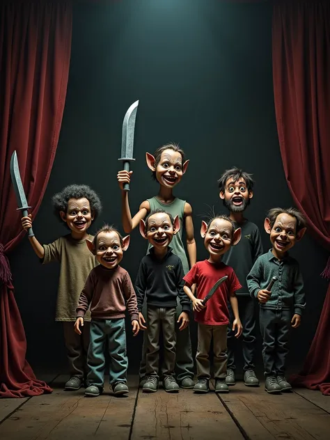 A photo of a dark horror theater with puppets and action figures from 1983. There are several puppets with demonic features, each holding a weapon. The puppets are arranged on a stage. The background contains a curtain and a few props. The lighting is dim.