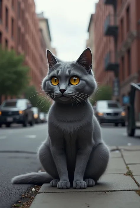 The gray cat is on the street 

