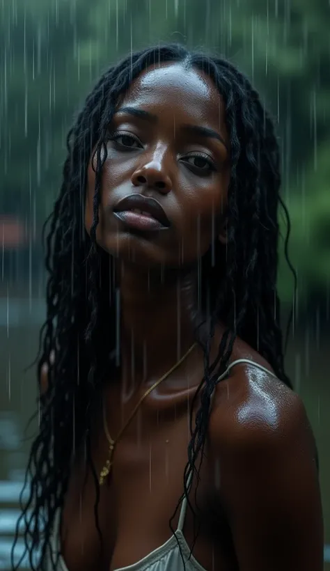 An exquisite portrait of a pretty black woman with a realistic long hair bathing in the pouring rain, the image is captured in stunning 4K, enhancing every single detail. Her beauty is astounding. Her eyes tell her whole story. The lighting is superb, dark...