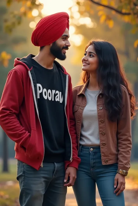 a18 years punjabi boy sir pe lal coolar ki turban pero me jute black coolar ke or  hoodie pehan ke rakhi ho or hoodie pe  name likha ho poorav  ek pass me punjabi girl khadi ho hath pakad kr backgruand kbord pe name likha ho ,poorav and Two peoples name ar...