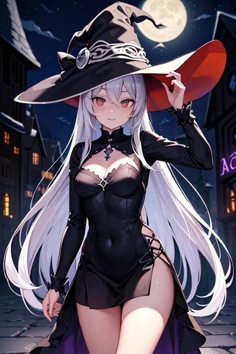 silver hair, long hair, witch, darkness, full moon, Halloween, jack-o&#39;-lantern, bat, sweets, smile, large breasts