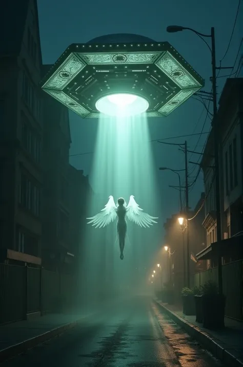 A very strange hexagonal shaped UFO flying over a dark street and abducting an angelic being