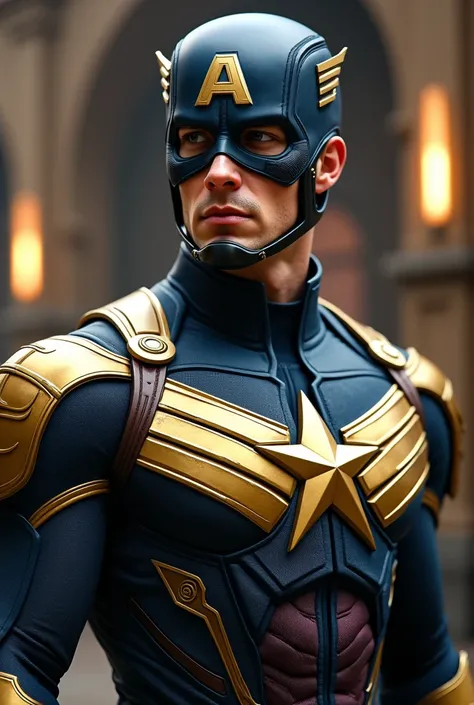 A cinematic shot of Captain America in a golden and blue suit. His mask is gold in color, but you can see the star on it. 