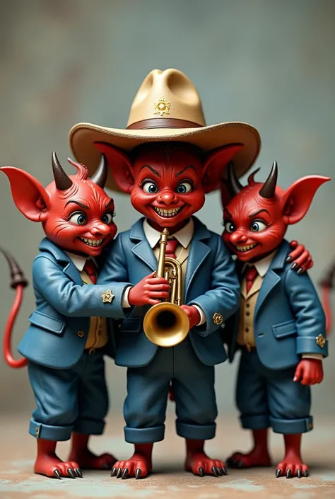 5 little devils holding a trumpet with a lead-colored sheriff hat and a hat pin, blue aviation suit, White shirt 