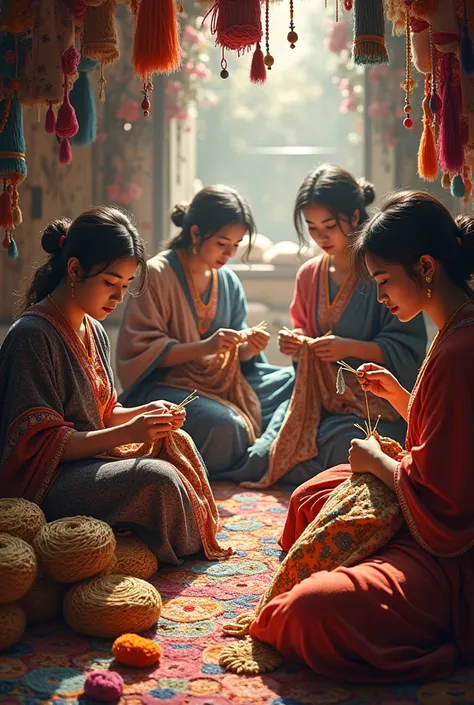 group of women knitting, others embroidering and others selling