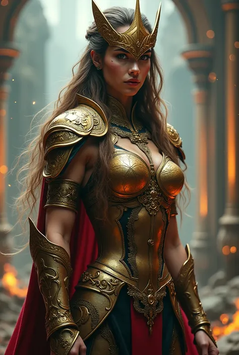 a warrior woman with a golden mask, detailed face, long flowing hair, strong muscular body, combat armor, dramatic pose, mystical fantasy landscape, glowing magical effects, vibrant colors, cinematic lighting, epic, dramatic, highly detailed