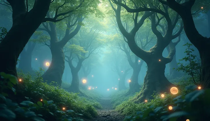 a mysterious forest with glowing leaves on the trees, floating lights, and magical creatures flying around, detailed fantasy landscape, cinematic lighting, lush greenery, surreal atmosphere, photorealistic, 8k, highly detailed, dramatic shadows, vivid colo...