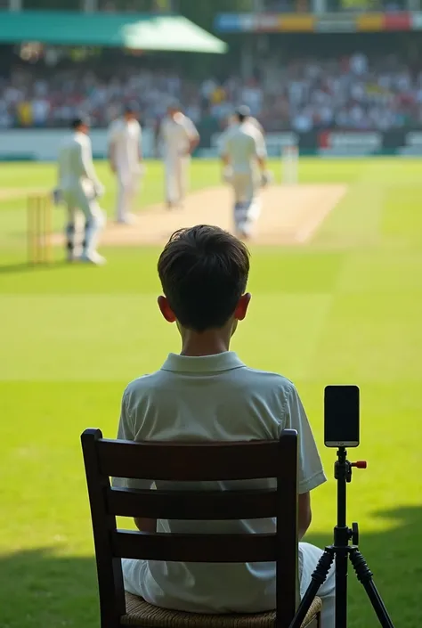 A boy sitting on a chair   cricket ground phone with tripod towards players is infront oh him 

