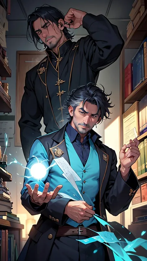 A disgraced mage. Former academic researcher now in hiding continuing his magic experiments. Middle-aged man. Conservative hair cut but disheveled appearance.