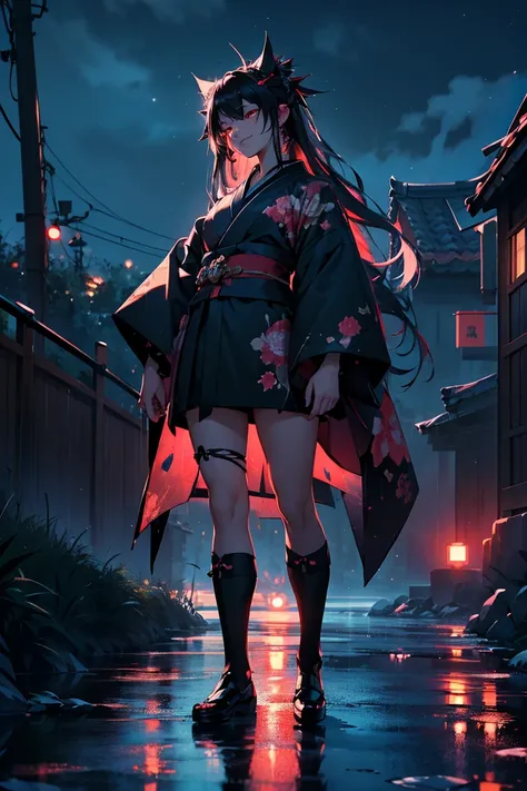 uhd, 4k, textured skin, good quality, High details, ​masterpiece, best quality, (Amazingly absurd:1.2), (​masterpiece:1.2), 1 Vampiregirl, mecha, not looking at viewer, Kimono, standing, looking in the distance, dynamische pose:1.5, evil smirking, glowing ...