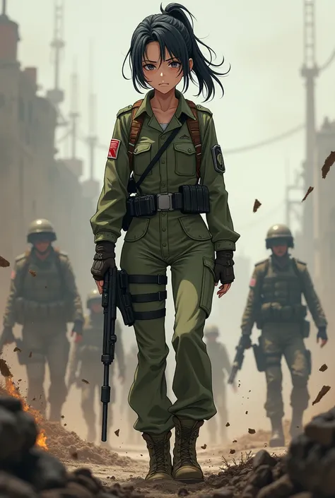 Anime girl in tight soldier outfit, in a battle. she looks tired. she is dirty