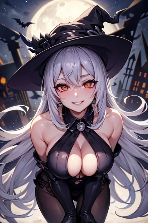 silver hair long hair witch night full moon halloween jack-o-lantern bat candy smile big breasts sexual