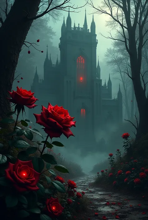 Dark red roses with a black liquid running down them with a huge building in the background in the middle of the forest with magic effects