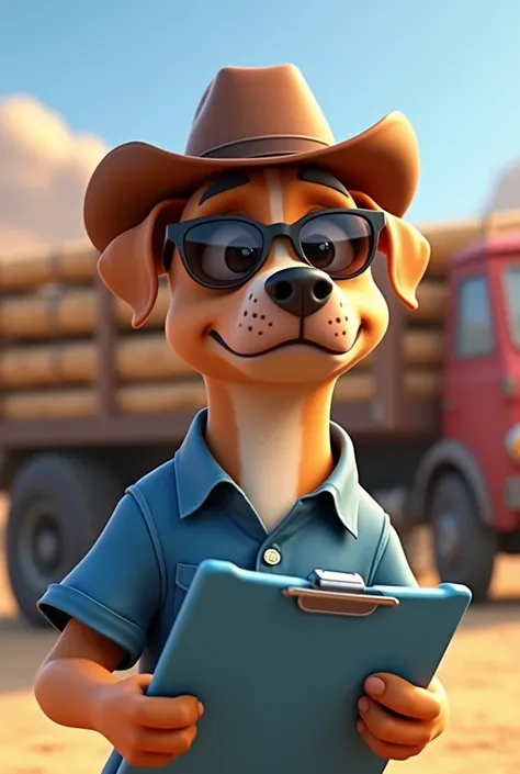 Light brown pitbull dog, Light brown eyes, black sports sunglasses, brown cowboy cap , shirt blue, using blue clipboard and blue pen. Truck with timber in the background in an open yard, 4K, Disney  style. 