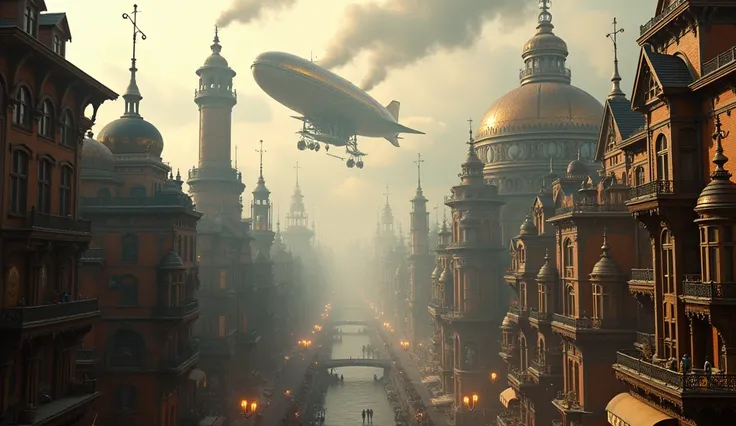 a steampunk city, Victorian buildings, steam-powered machines, airships floating over the horizon, ornate gears, copper pipes, brass accents, intricate clockwork mechanisms, foggy atmosphere, moody lighting, sepia tones, highly detailed, cinematic, award w...