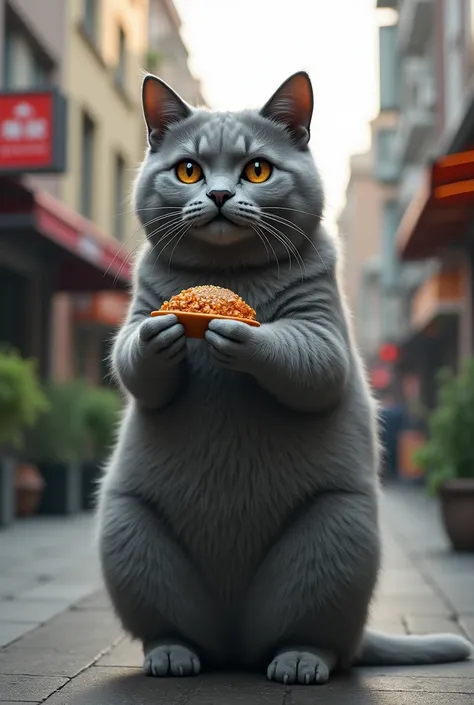 Adult Gray cat he is on the street he is like a human hands like a human. The grey cat woke up and ate

