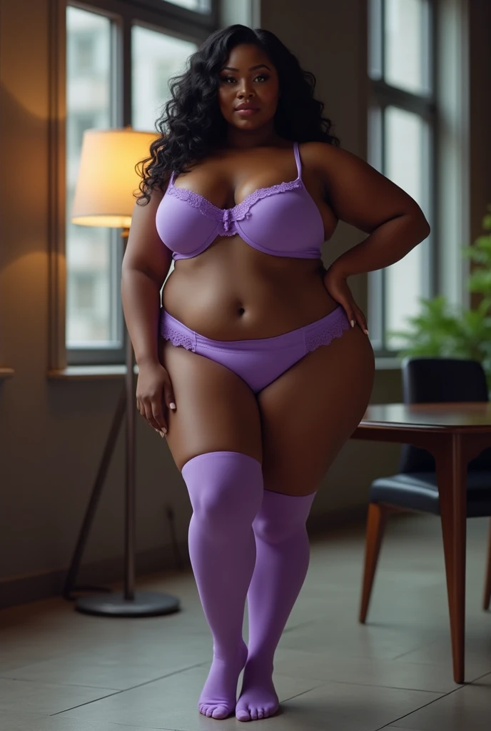 (photorealism:1.2)  ebony dark chocolate skin tone plus sizes curvaeous woman with a findom persona Show entire body,feet in view,  DD breasts , lingerie, lavender stockings, barefoot, modern private office