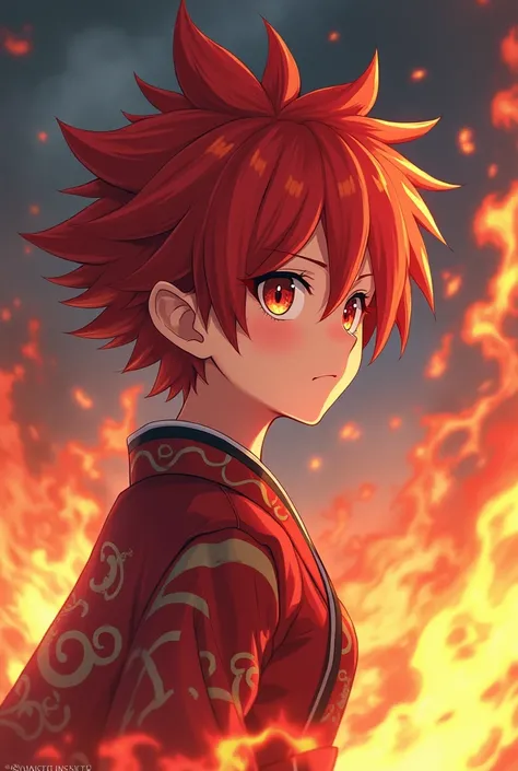 Red spiky hair, gentle face, kimono, female, Anime Protagonist, anime, shogun, hopeful, naive, fire, pure of heart, Tomboy, serious, battle pose, slender, attractive, goofy.