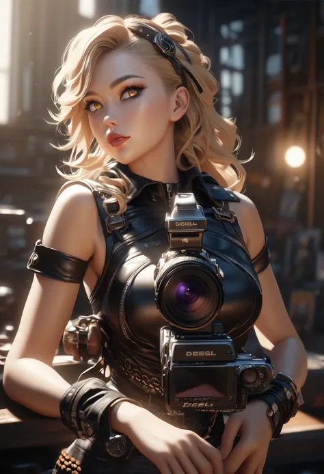 a beautiful blonde woman in diesel punk inspired outfit, extremely detailed 8k, stunning professional photoshoot, digital slr camera, soft lighting, high quality, film grain, fujifilm xt3 sharp focus, dramatic, (diesel punk outfit), (looking at viewer:1.2)...