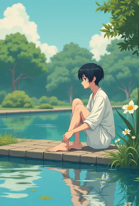 Generate a manwah clam boy with ice blue eyes and soft black hair hes in park alone sitting and theres pond 