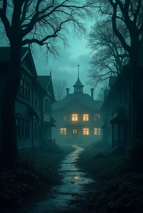 A housing estate in the middle of the forest, there are buildings on the left and right and the school is in the middle, everything looks very enchanted and spooky
