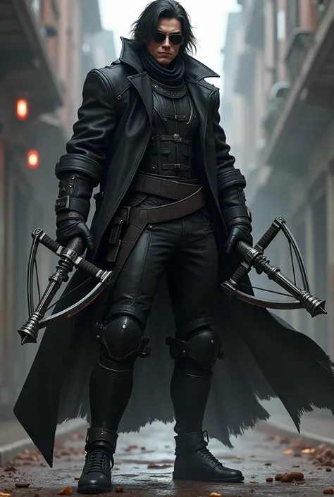 A detailed digital illustration of a male monster hunter, wearing all black clothing including a long black coat, black hair, and black sunglasses. He is holding two crossbows, one in each hand, and has two medium-sized swords holstered on his waist.”