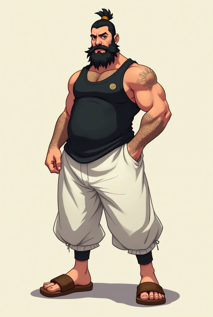 ( tabletop RPG character icon ) A 2 man with a beard and 1,67 tall, wearing a black tank top and white baggy pants and also wooden slippers similar to those of a ninja in Naruto, charismatic and defined, but not too big