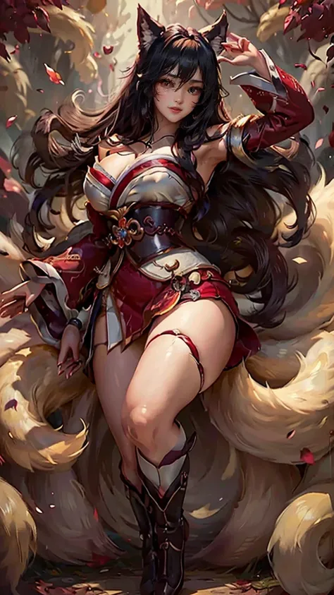 Ahri da league of legends,(best qualityer,4K,8k,high resolution, work of art:1.2)(weather: windy), 1girl, Japanese female, spirit forest background, red and white long sleeve korean kimono dress, cleavage, spirit sphere, cute makeup, thigh high boots, belt...