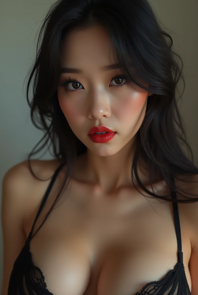 Korean Fitness Woman Model, but with a bulky body, um sexy, uma MILF, erotic pose, sexy dominant pose. The shape of your rose is oval, with slightly full cheeks and a smooth, well-defined jawline, without sharp angles. The skin is smooth, with a light tone...